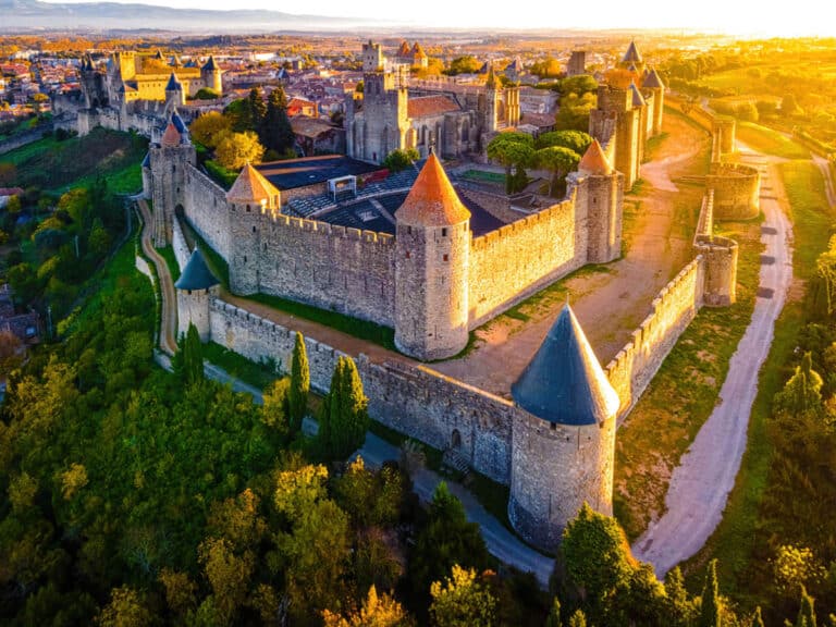 Aerial view of Carcassonne, a French fortified city in the department of Aude, in the region of Occitanie